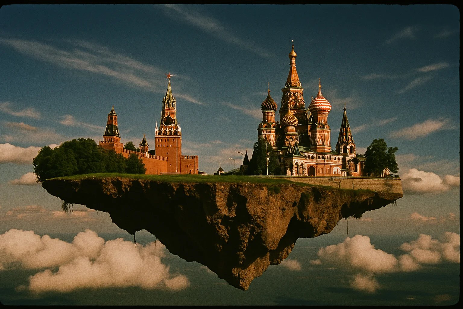 35 mm photo of Moscow floating in the sky on a flying islands
