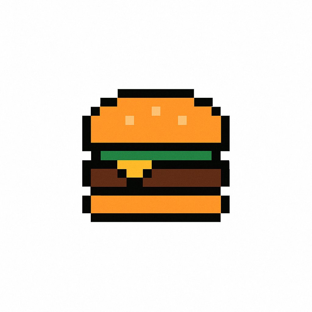 创建一个 [🍔] 的极简 8 位像素标志，居中放置在纯白背景上。使用有限的复古调色板，带有像素化细节、锐利边缘和干净的块状形态。该标志应简洁、具有标志性，并能在像素艺术风格中清晰识别——灵感来自经典街机游戏美学。