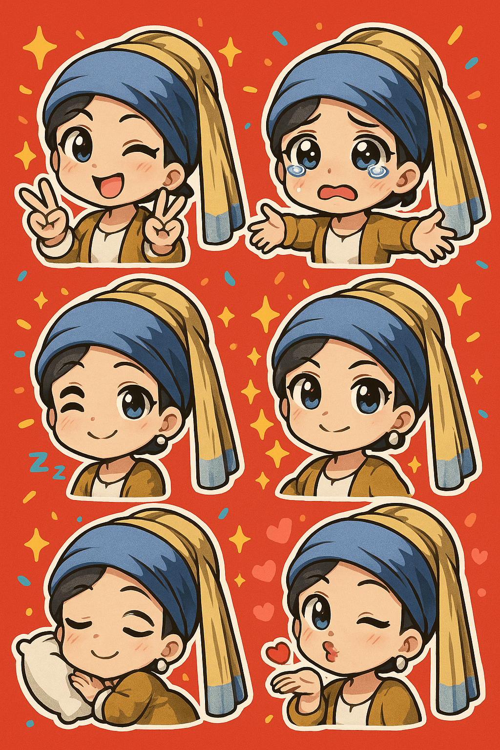 创作一套全新的 chibi sticker,共六个独特姿势,以用户形象为主角:
1. 双手比出剪刀手,俏皮地眨眼;
2. 泪眼汪汪、嘴唇微微颤动,呈现可爱哭泣的表情;
3. 张开双臂,做出热情的大大拥抱姿势;
4. 侧卧入睡,靠着迷你枕头,带着甜甜的微笑;
5. 自信满满地向前方伸手指,周围点缀闪亮特效;
6. 手势飞吻,周围飘散出爱心表情。
保留 chibi 美学风格:夸张有神的大眼睛、柔和的面部线条、活泼俏皮的短款黑色发型、配以大胆领口设计的白色服饰,背景使用充满活力的红色,并搭配星星或彩色纸屑元素进行装饰。周边适当留白。
Aspect ratio: 9:16