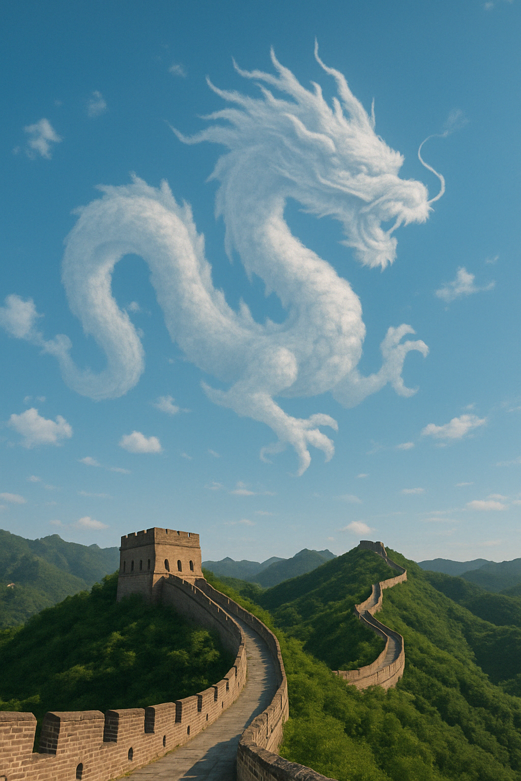 生成一张照片：捕捉了白天的场景，天空中散落的云彩组成了 [主体/物体] 的形状，位于 [地点] 的上方。