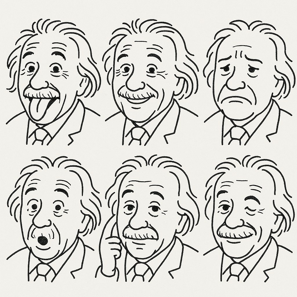 (分为两步)
先把图片人物变成手绘简笔画风格
然后把简笔画按照吐舌头、微笑、皱眉、惊讶、思考、眨眼生成一系列表情包