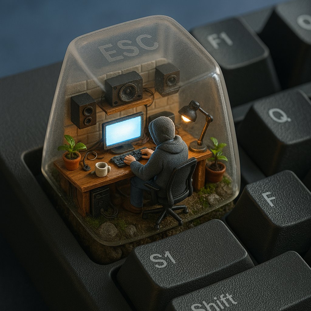 一个超写实的等距视角 3D 渲染图,展示了一个微型电脑工作室,它位于一个半透明的机械键盘键帽内,该键帽特别放置在一个真实的哑光表面机械键盘的 'ESC' 键上。键帽内部,一个小人穿着舒适的有纹理连帽衫,坐在现代人体工学椅子上,正在一个发光的超逼真电脑屏幕前工作。环境充满了逼真的微型科技配件:真实材质的台灯、带有反光的显示器、微小的扬声器格栅、缠绕的电线和陶瓷杯子。场景底部由泥土、岩石和苔藓构成,具有照片级的纹理和瑕疵。键帽内部的光线模仿自然的清晨阳光,投下柔和的阴影和温暖的色调,而外部则有来自周围键盘的冷色调环境反射。单词'ESC'以微弱的磨砂玻璃效果巧妙地蚀刻在半透明键帽的顶部——根据角度仅勉强可见。周围的键盘按键如 F1、Q、Shift 和 CTRL 清晰、有纹理,并具有照片级的逼真光照。拍摄效果如同使用高端手机相机,具有浅景深、完美的白平衡和电影般的细节。