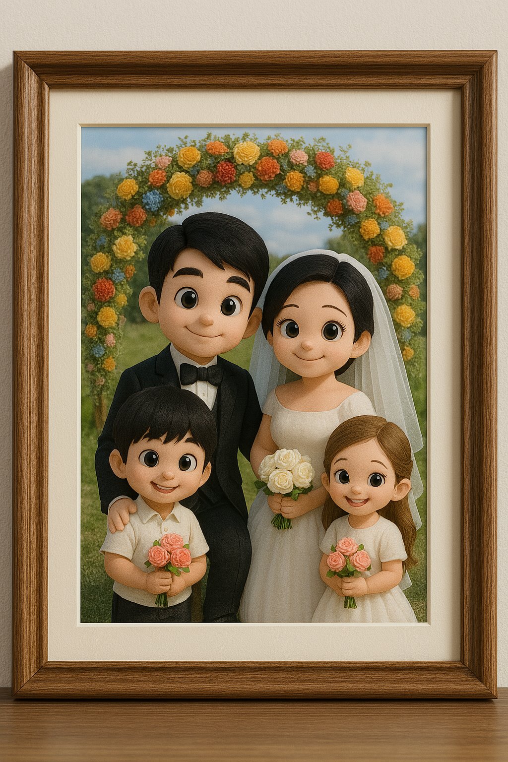 将照片里的转换成Q版 3D人物,父母婚礼服饰,孩子是美丽的花童。 父母,西式婚礼服饰,父亲礼服,母亲婚纱。孩子手捧鲜花。 背景是五彩鲜花做的拱门。 除了人物是3D Q版,环境其他都是写实。 整体放在一个相框里。