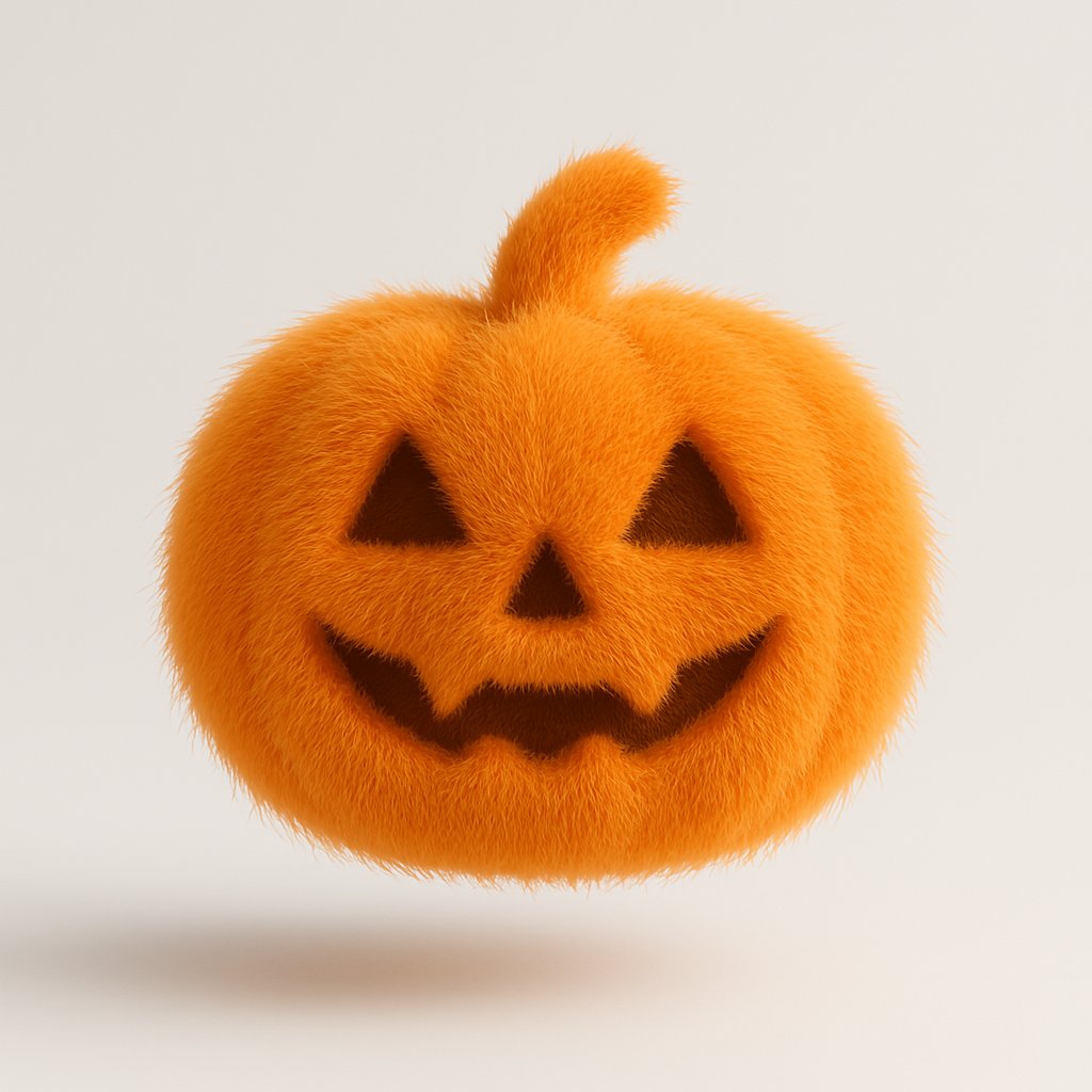 将一个简单平面的矢量图标 [🎃] 转化为柔软、立体、毛茸茸的可爱物体。整体造型被浓密的毛发完全覆盖，毛发质感极其真实，带有柔和的阴影。物体居中悬浮于干净的浅灰色背景中，轻盈漂浮。整体风格超现实，富有触感和现代感，带来舒适和俏皮的视觉感受。采用摄影棚级灯光，高分辨率渲染，比例为1:1。