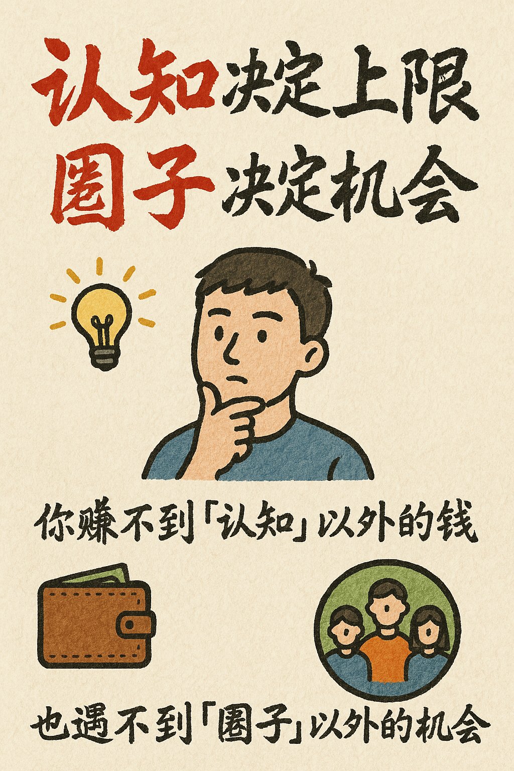 创作一张手绘风格的信息图卡片,比例为9:16竖版。卡片主题鲜明,背景为带有纸质肌理的米色或米白色,整体设计体现质朴、亲切的手绘美感。
卡片上方以红黑相间、对比鲜明的大号毛笔草书字体突出标题,吸引视觉焦点。文字内容均采用中文草书,整体布局分为2至4个清晰的小节,每节以简短、精炼的中文短语表达核心要点。字体保持草书流畅的韵律感,既清晰可读又富有艺术气息。周边适当留白。
卡片中点缀简单、有趣的手绘插画或图标,例如人物或象征符号,以增强视觉吸引力,引发读者思考与共鸣。
整体布局注意视觉平衡,预留足够的空白空间,确保画面简洁明了,易于阅读和理解。
<h1><span style='color:red'>'认知'</span>决定上限
<span style='color:red'>'圈子'</span>决定机会</h1>
- 你赚不到'认知'以外的钱,
- 也遇不到'圈子'以外的机会。