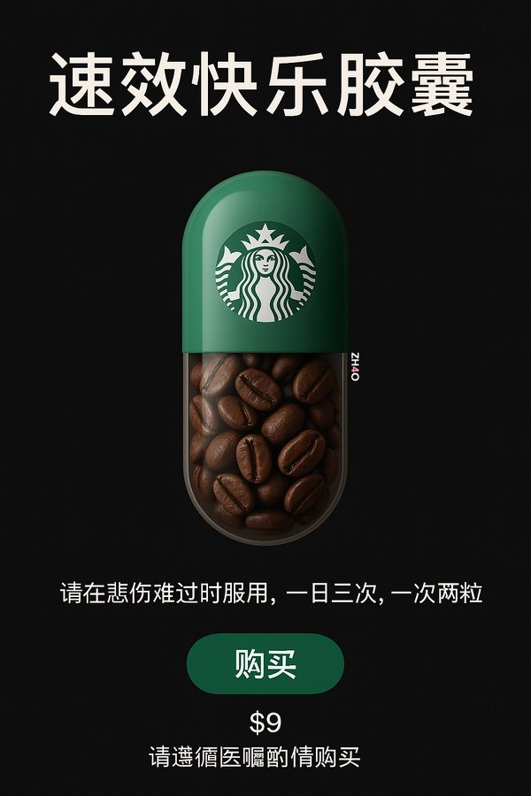 标题(大字):速效快乐胶囊
一颗上为星巴克绿下为透明的小药丸,上面印有星巴克logo,里面有很多咖啡豆
说明(小字):请在悲伤难过时服用,一日三次,一次两粒
购买按钮 和 药丸颜色一致,下面价格:$9,请遵循医嘱酌情购买