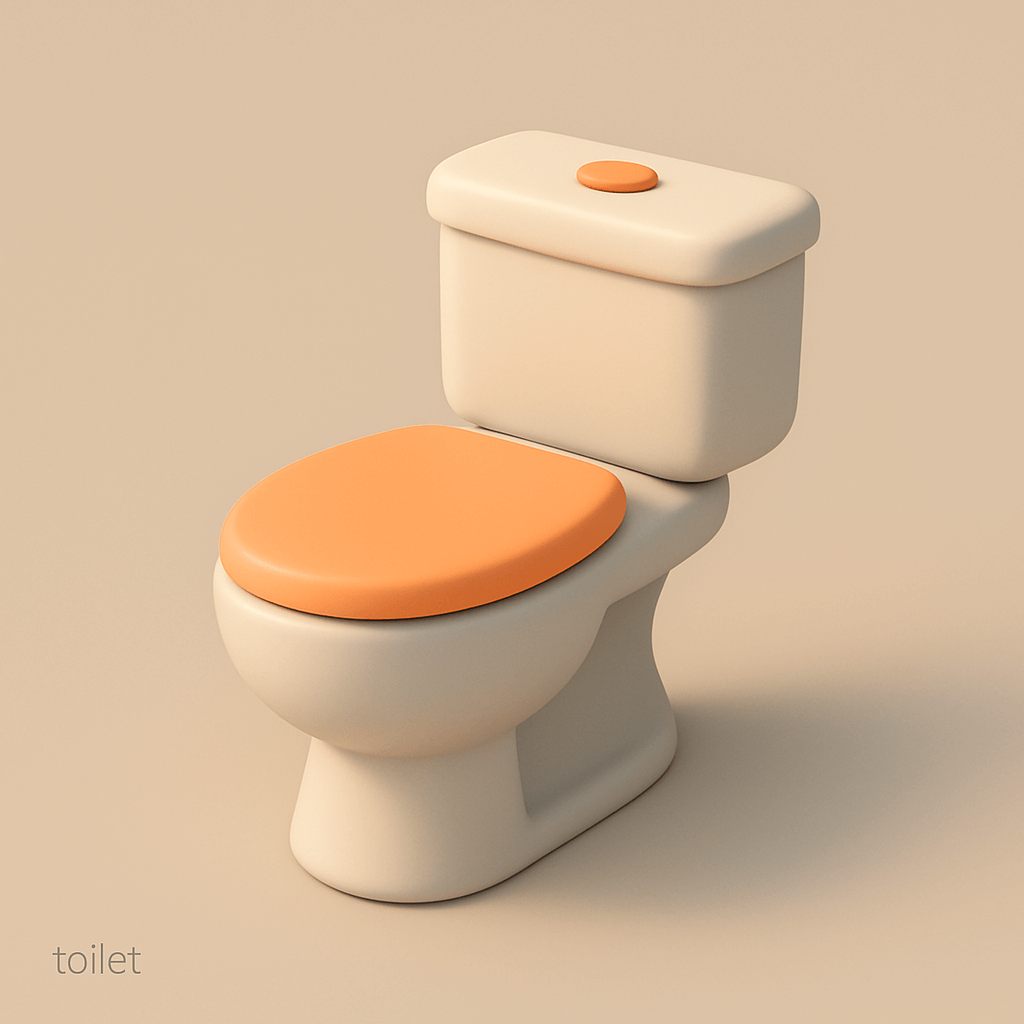 Generate a toilet with the following JSON profile:
{
  "art_style_profile": {
    "style_name": "Minimalist 3D Illustration",
    "visual_elements": {
      "shape_language": "Rounded edges, smooth and soft forms with simplified geometry",
      "colors": {
        "primary_palette": ["Soft beige, light gray, warm orange"],
        "accent_colors": ["Warm orange for focal elements"],
        "shading": "Soft gradients with smooth transitions, avoiding harsh shadows or highlights"
      },
      "lighting": {
        "type": "Soft, diffused lighting",
        "source_direction": "Above and slightly to the right",
        "shadow_style": "Subtle and diffused, no sharp or high-contrast shadows"
      },
      "materials": {
        "surface_texture": "Matte, smooth surfaces with subtle shading",
        "reflectivity": "Low to none, avoiding glossiness"
      },
      "composition": {
        "object_presentation": "Single, central object displayed in isolation with ample negative space",
        "perspective": "Slightly angled, giving a three-dimensional feel without extreme depth",
        "background": "Solid, muted color that complements the object without distraction"
      },
      "typography": {
        "font_style": "Minimalistic, sans-serif",
        "text_placement": "Bottom-left corner with small, subtle text",
        "color": "Gray, low-contrast against the background"
      },
      "rendering_style": {
        "technique": "3D render with simplified, low-poly aesthetics",
        "detail_level": "Medium detail, focusing on form and color over texture or intricacy"
      }
    },
    "purpose": "To create clean, aesthetically pleasing visuals that emphasize simplicity, approachability, and modernity."
  }
}