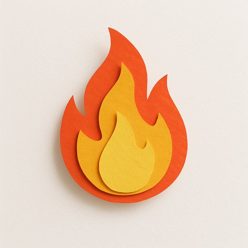 A paper craft-style "🔥" floating on a pure white background. The emoji is handcrafted from colorful cut paper with visible textures, creases, and layered shapes. It casts a soft drop shadow beneath, giving a sense of lightness and depth. The design is minimal, playful, and clean — centered in the frame with lots of negative space. Use soft studio lighting to highlight the paper texture and edges.