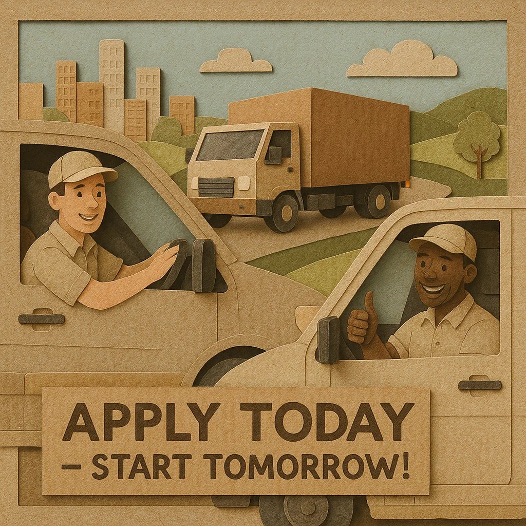 The image shows professional drivers of cars and trucks at work, impressive urban and rural speeds, a positive team environment and modern visuals of the fleet - all this advertises a vacancy for drivers with competitive pay, flexible working hours and a clear call to institutions: "Apply today - we will start tomorrow!"
