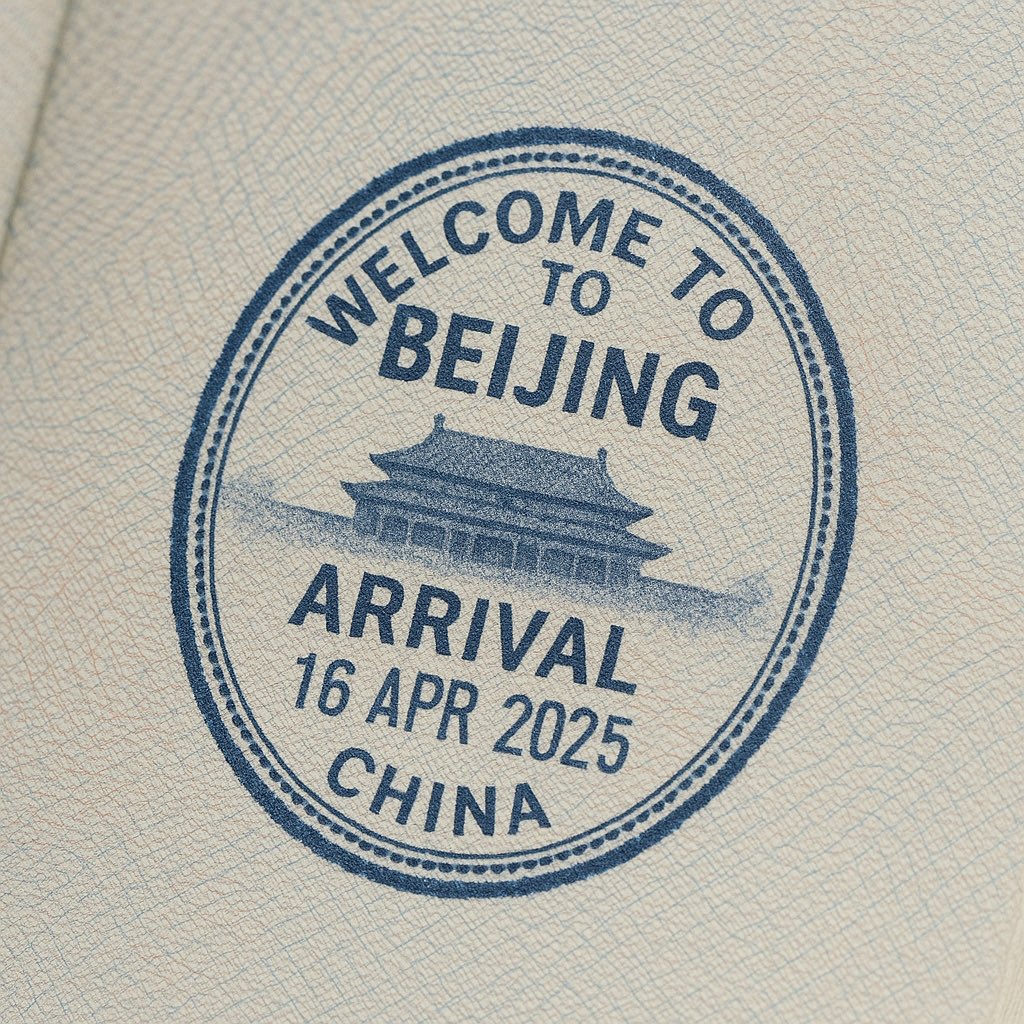 创建一个逼真的护照页，并盖上[北京, 中国]的入境章。章面应以粗体英文写明'欢迎来到北京'，并设计成圆形或椭圆形，并带有装饰性边框。章面应包含'ARRIVAL'字样和一个虚构的日期，例如'2025年4月16日'。在章面中加入{故宫}的微妙轮廓作为背景细节。使用深蓝色或红色墨水并略加晕染，以增强真实感。章面应略微倾斜，如同手工压印。护照页应清晰可见纸张纹理和安全图案