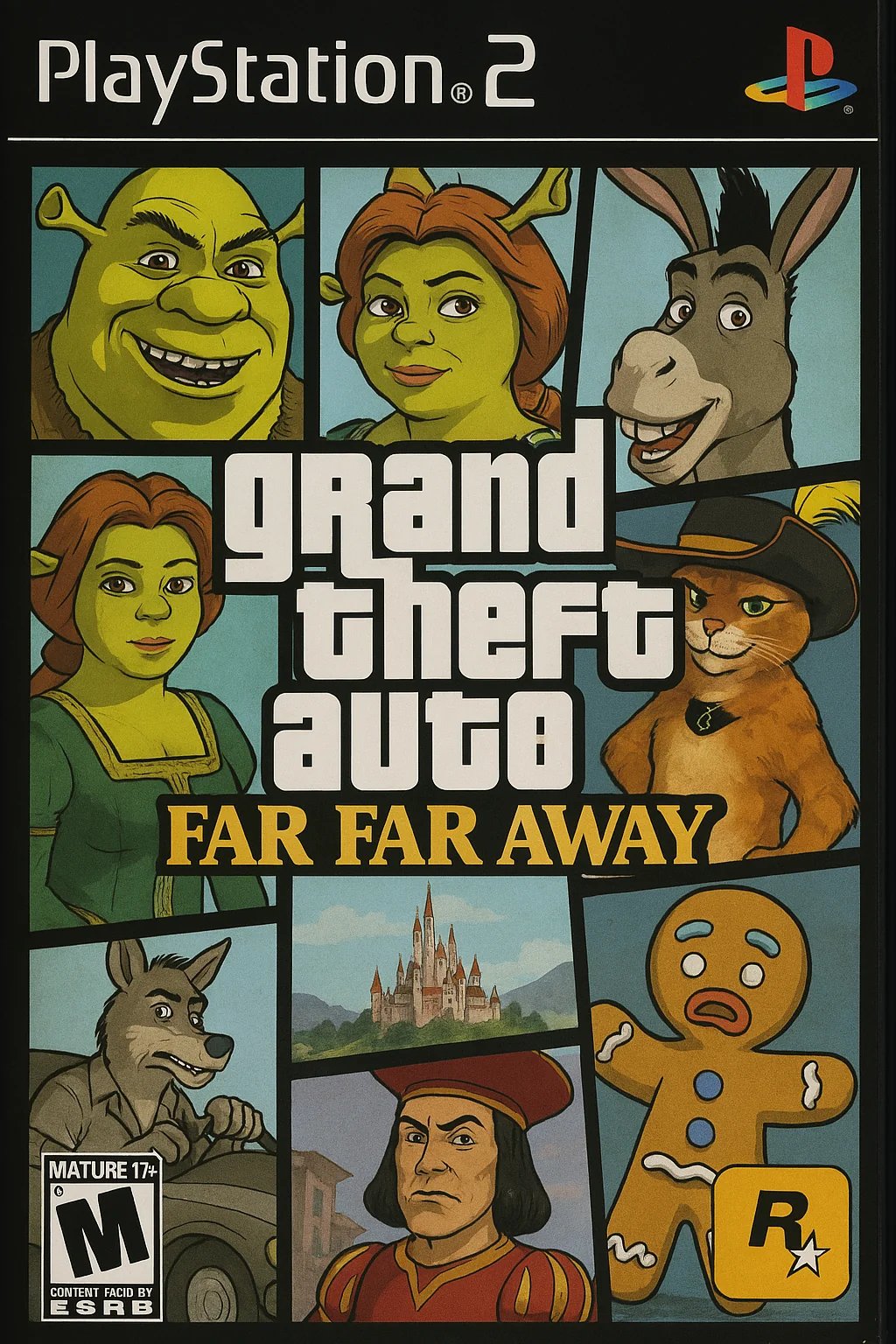 Can you create a PS2 video game case of "Grand Theft Auto: Far Far Away" a GTA based in the Shrek Universe.