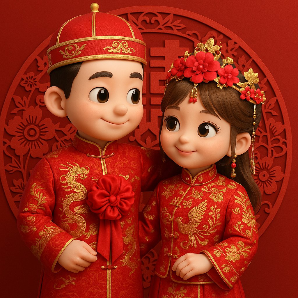 将照片里的两个人转换成Q版 3D人物,中式古装婚礼,大红颜色,背景囍字剪纸风格图案。服饰要求:写实,男士身着长袍马褂,主体为红色,上面以金色绣龙纹图案,彰显尊贵大气,胸前系着大红花,寓意喜庆吉祥。女士所穿是秀禾服,同样以红色为基调,饰有精美的金色花纹与凤凰刺绣,展现出典雅华丽之感,头上搭配花朵发饰,增添柔美温婉气质。二者皆为中式婚礼中经典着装,蕴含着对新人婚姻美满的祝福。头饰要求:男士:中式状元帽,主体红色,饰有金色纹样,帽顶有精致金饰,尽显传统儒雅庄重。女士:凤冠造型,以红色花朵为中心,搭配金色立体装饰与垂坠流苏,华丽富贵,古典韵味十足。