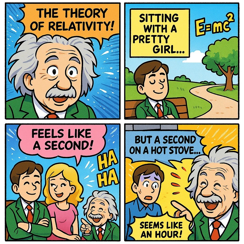 make a colorful page of manga describing the theory of relativity. add some humor