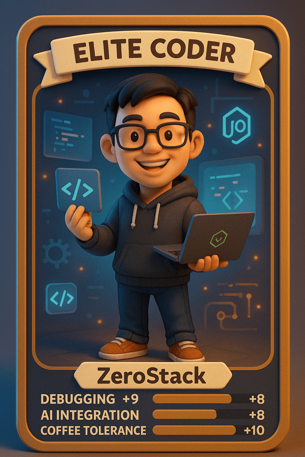 Create a digital character card in RPG collectible style.
The subject is a 【Programmer】, standing confidently with tools or symbols relevant to their job.
Render it in 3D cartoon style, soft lighting, vivid personality.
Include skill bars or stats like [Skill1 +x], [Skill2 +x, e.g., Creativity +10, UI/UX +8].
Add a title banner on top and a nameplate on the bottom.
Frame the card with clean edges like a real figure box.
Make the background fit the profession's theme.
Colors: warm highlights, profession-matching hues.