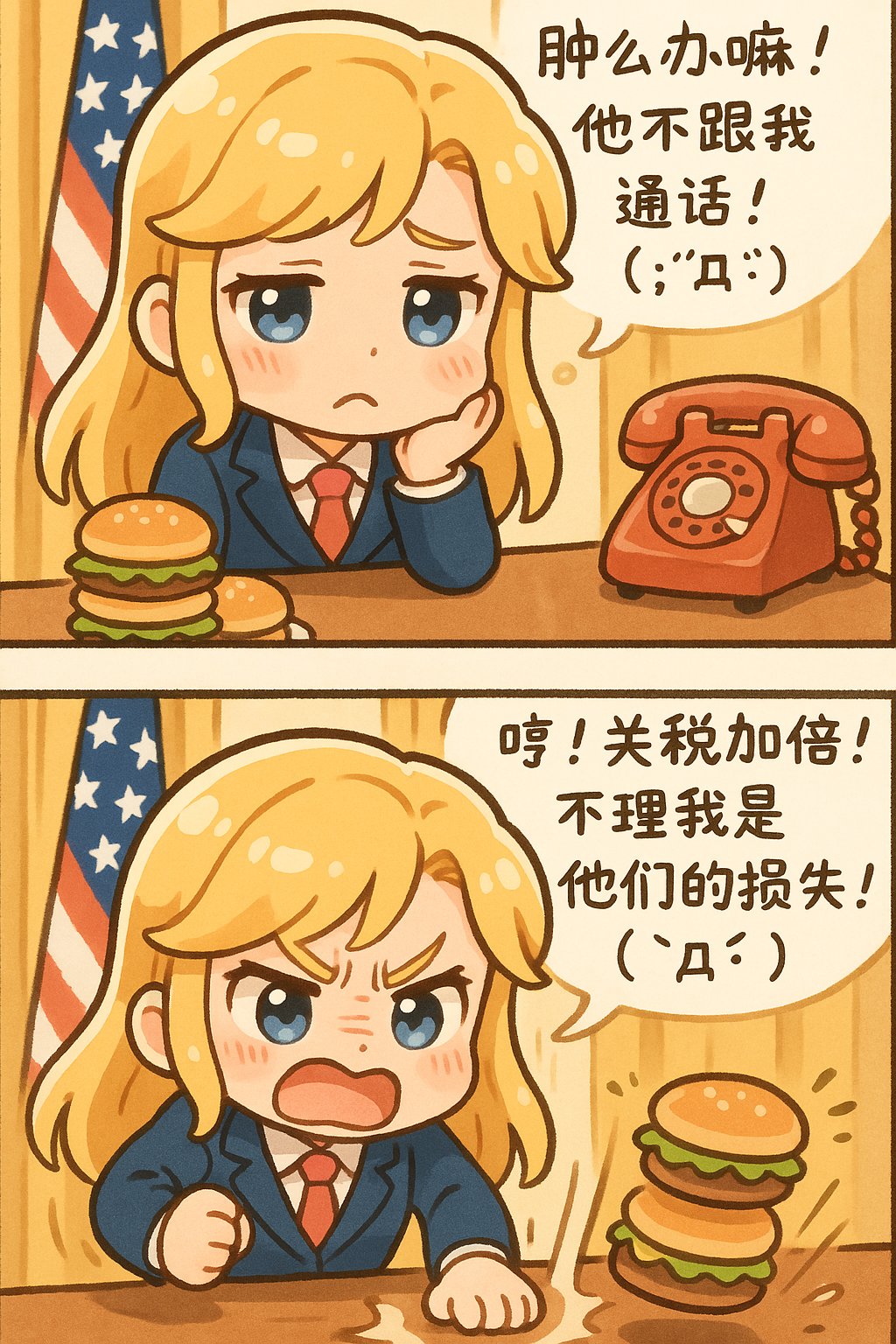 创建一张日系萌系双格漫画,上下排列,主题:少女总统的工作日常。
角色形象: 将上传的附件转换为日系萌系卡通女生形象的风格,保留原图所有细节,如服饰(西装)、发型(明亮的金黄色)、五官等。
第一格:
- 表情: 委屈巴巴,沮丧的表情,单手托腮
- 文字框: "肿么办嘛!他不跟我通话!(;´д`)"
- 场景: 暖色调办公室,背后美国国旗,桌上放着一堆汉堡,一个复古红色转盘电话,人物在画面左边,电话在右边。
第二格:
- 表情: 咬牙切齿,暴怒,脸涨红
- 动作: 猛拍桌子,汉堡震得跳起来
- 文字泡: "哼!关税加倍!不理我是他们的损失!( `д´ )" - 场景: 和第一格相同,但一片狼藉。
其他说明:
- 文字采用简洁可爱的手写体,整体风格可爱而有趣。
- 构图饱满生动,请保留足够空间用于文字显示,适当留白。
- 图片比例 2:3。
- 画面整体色彩鲜艳,突出卡通风格。