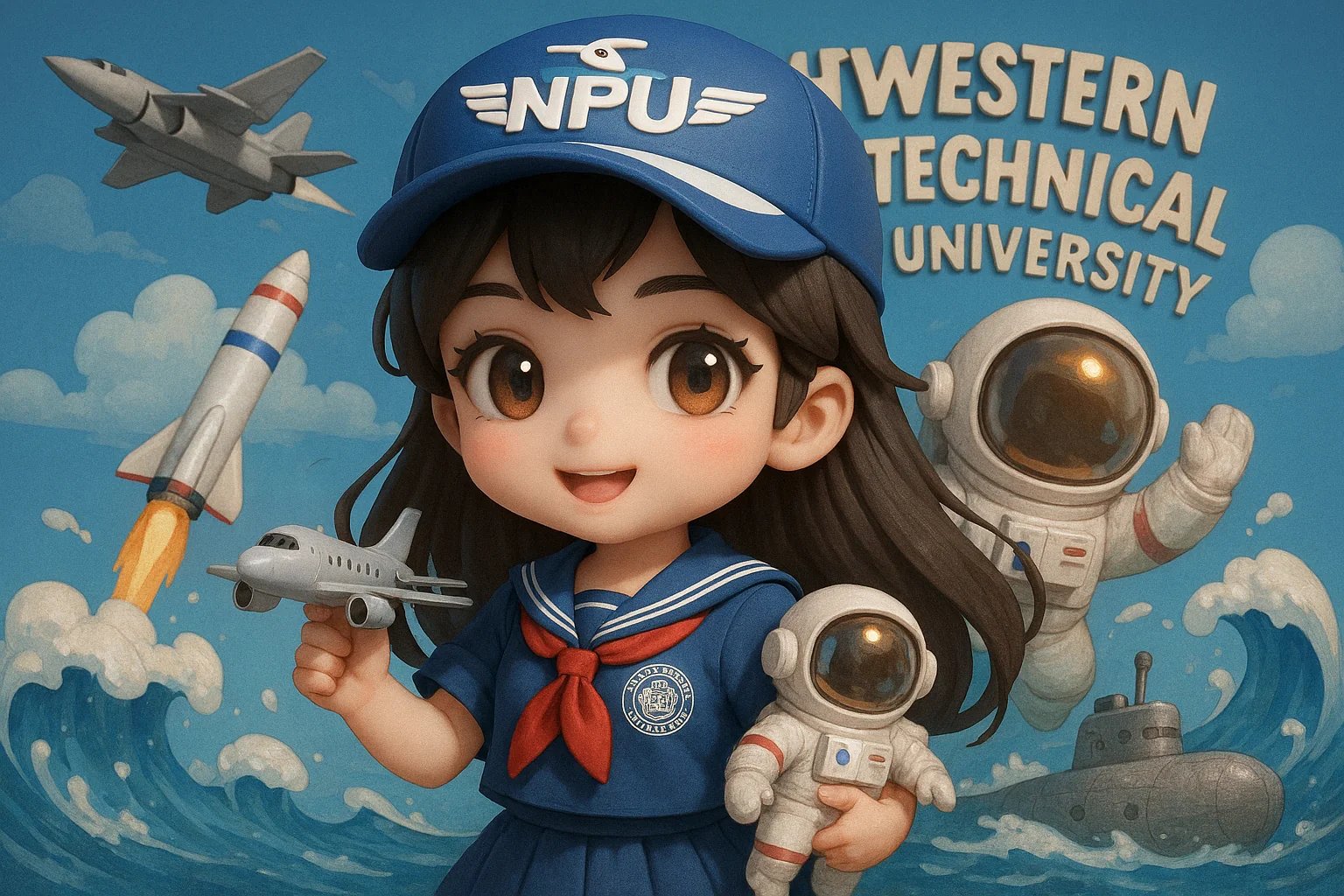 給【西北工业大学】画一个拟人化的3D Q版美少女形象,体现学校【航空航天航海三航】特色