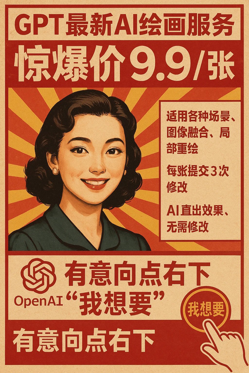 复古宣传海报风格,突出中文文字,背景为红黄放射状图案。画面中心位置有一位美丽的年轻女性,以精致复古风格绘制,面带微笑,气质优雅,具有亲和力。主题是GPT最新AI绘画服务的广告促销,强调'惊爆价9.9/张'、'适用各种场景、图像融合、局部重绘'、'每张提交3次修改'、'AI直出效果,无需修改',底部醒目标注'有意向点右下我想要',右下角绘制一个手指点击按钮动作,左下角展示OpenAI标志。