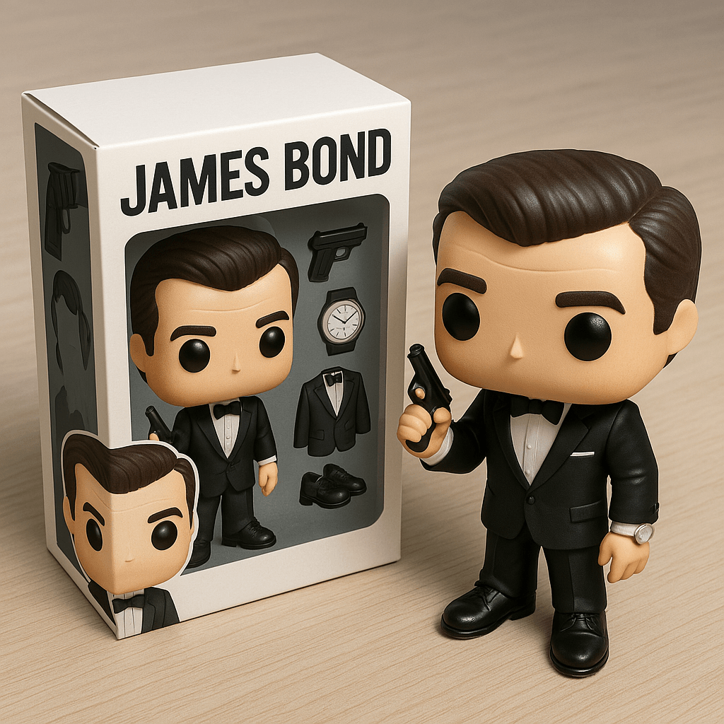 把照片中的人物变成 Funko Pop 公仔包装盒的风格,以等距视角(isometric)呈现,并在包装盒上标注标题为'JAMES BOND'。包装盒内展示的是照片中人物形象,旁边搭配有人物的必备物品(手枪、手表、西装、其他)同时,在包装盒旁边还应呈现该公仔本体的实物效果,采用逼真的、具有真实感的渲染风格。